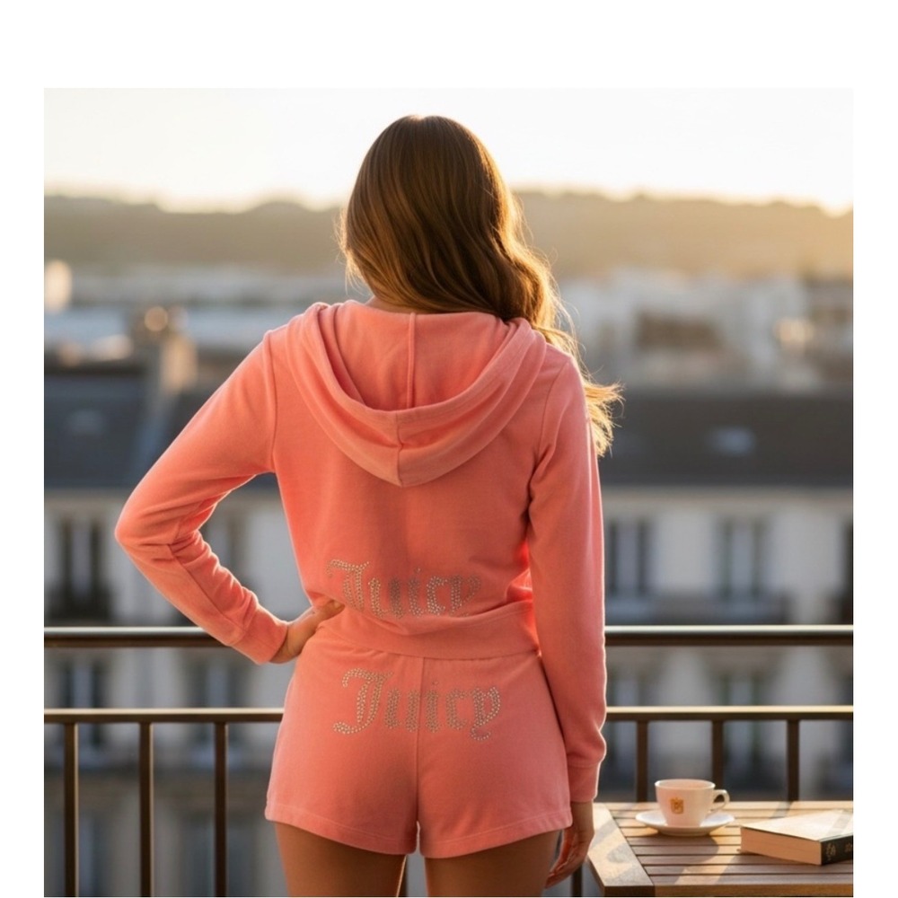 Juicy Couture Bling Velour Tracksuit Hoodie Shorts Set Flamingo Pink XL NWT